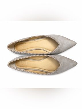 Kaari Blue Taupe Pointed Suede Ballet Flats with Pom-Pom Trim